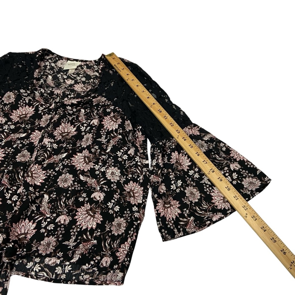 KNOX ROSE Boho Bell Sleeve Black Pink Floral Lace Button Down Top Women’s Small - Picture 5 of 14